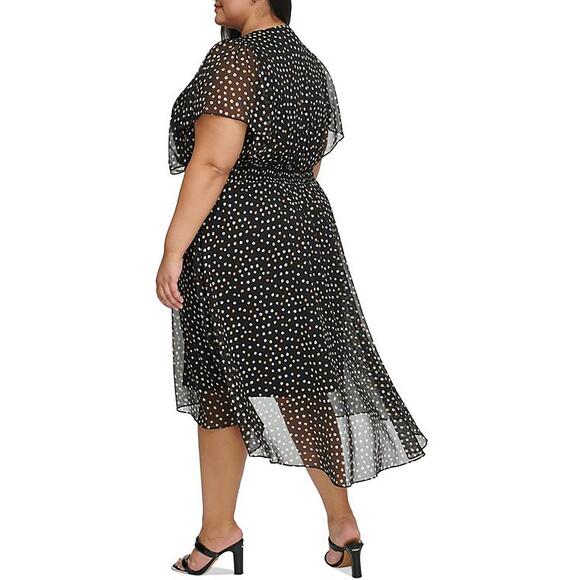 NEW DKNY Chiffon Midi Dress Hi-Low Flutter sleeve Black Polka dot - Picture 2 of 8